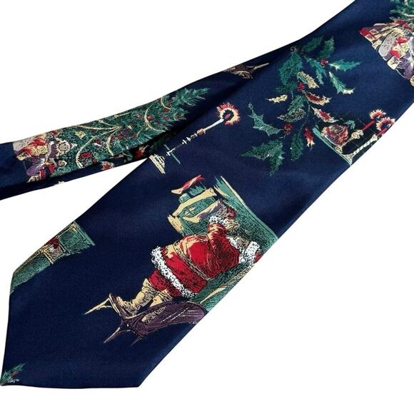 Webley 100% Silk Blue Christmas Tree Santa Novelty Print Mens Tie - Picture 1 of 6